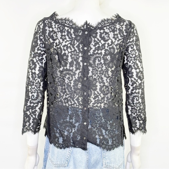 Joie Black Lace Sheer Blouse Top Size S Cocktail Party Whimsigoth Scalloped Hem - Picture 6 of 8